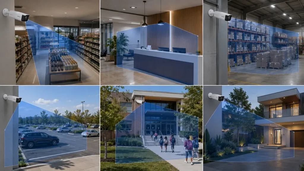 FlexVu Hikvision 2026: qué es, beneficios y tipos de cámara 3 Aplicaciones recomendadas de una cámara FlexVu Hikvision en comercios, oficinas, bodegas y viviendas.