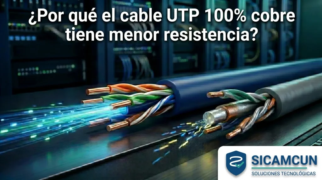 Cable UTP 100% cobre mostrando menor resistencia eléctrica frente a cable CCA en instalación de red