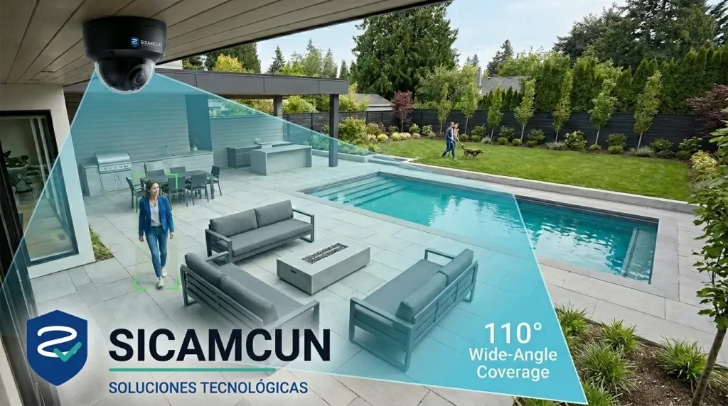 ¿Cámaras Gran Angular o con Zoom? Conoce la diferencia y cuál elegir 1 Cámara de seguridad gran angular mostrando un amplio campo de visión para monitoreo residencial