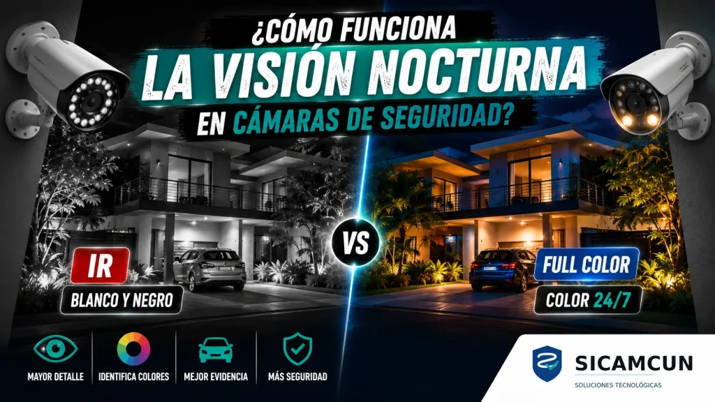 Comparación entre visión nocturna infrarroja IR y Full Color en cámaras de seguridad para casas y negocios.