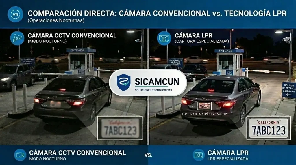 ¿Qué cámara para ver placas vehiculares es la que necesito? Guía real sobre LPR y ANPR 2 Comparación entre cámara convencional y cámara LPR leyendo placas