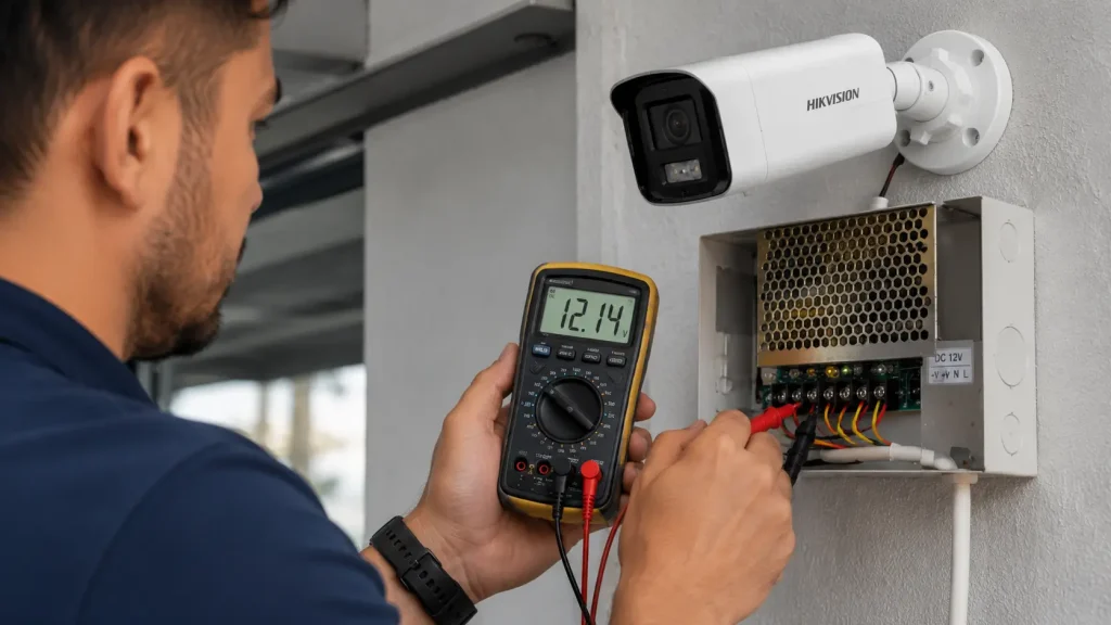 Cámara se reinicia sola: causas y cómo solucionarlo 2026 1 Fuente de alimentación de una cámara de seguridad con problemas eléctricos