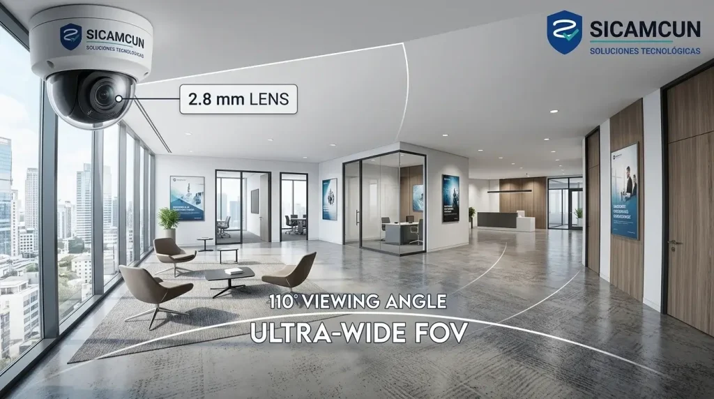 ¿Qué significa 2.8 mm, 3.6 mm y 4 mm en una cámara de seguridad? 1 Ejemplo del ángulo de visión de una cámara de seguridad con lente de 2.8 mm mostrando un campo visual amplio