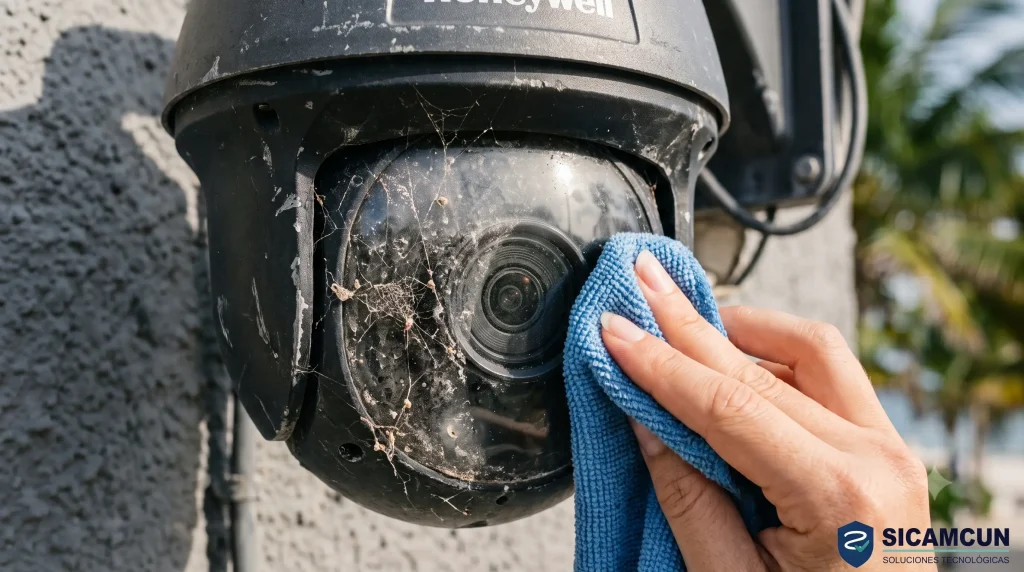 limpieza de camara de seguridad que tiene telarana y polvo