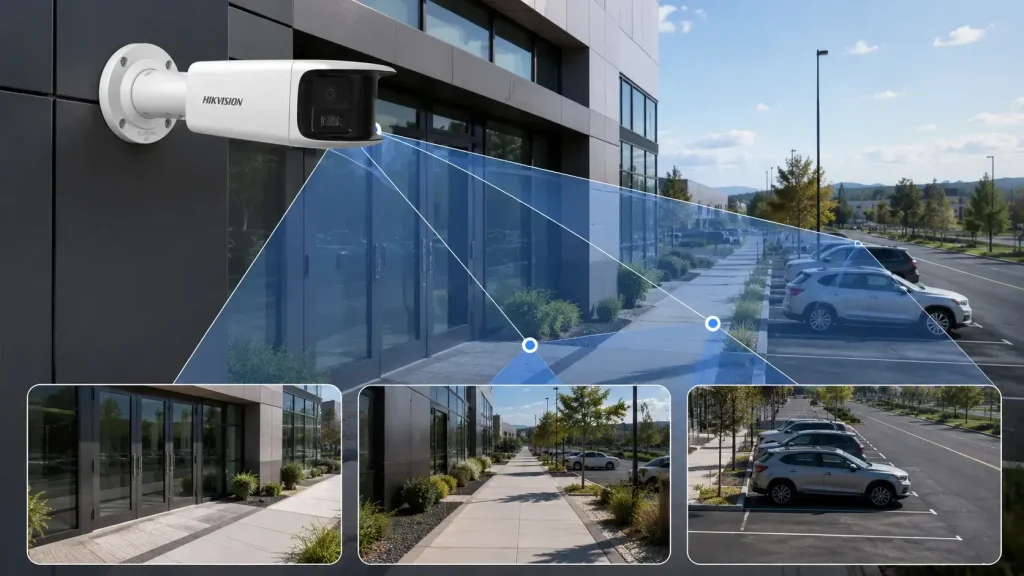 FlexVu Hikvision 2026: qué es, beneficios y tipos de cámara 1 Cámara FlexVu Hikvision con campo de visión ajustable para vigilar diferentes áreas.