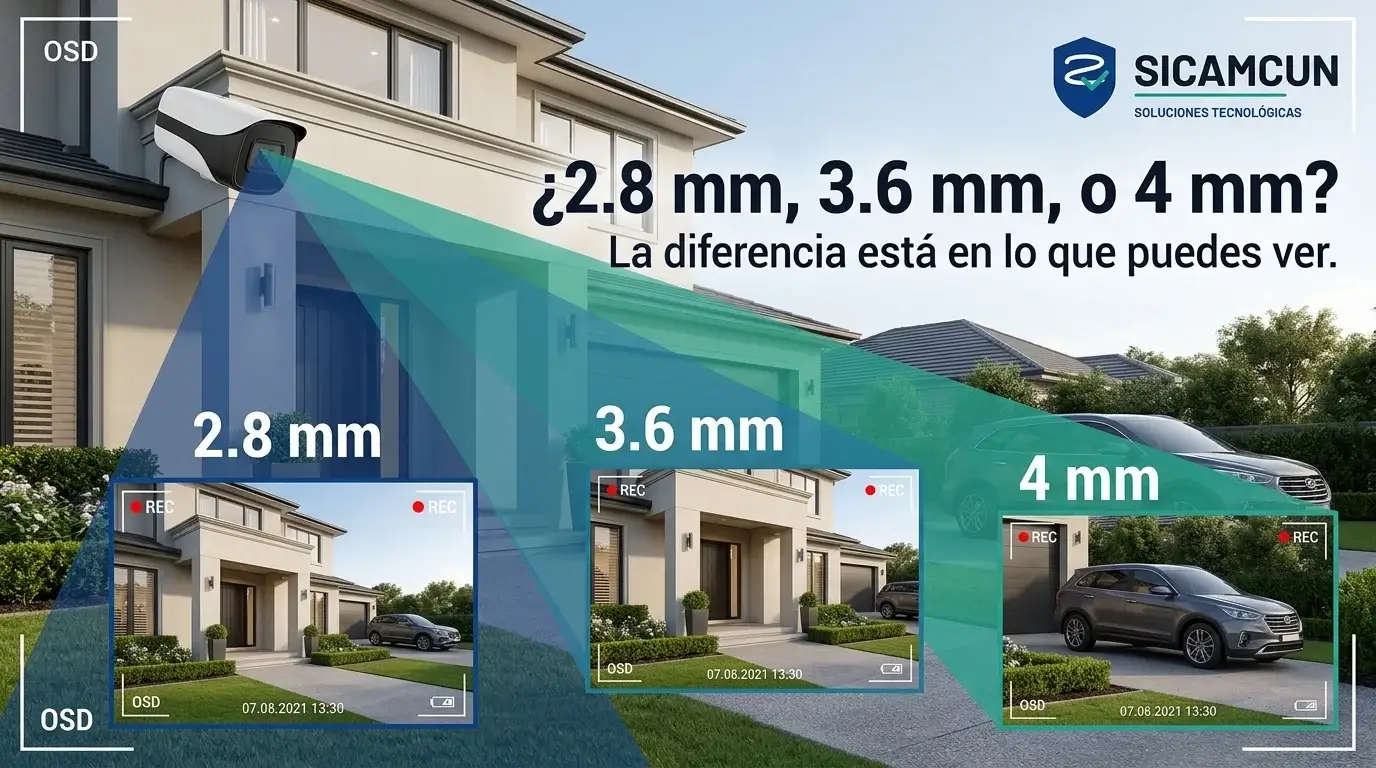Blog 45 Diferencia entre lentes de 2.8 mm, 3.6 mm y 4 mm en cámaras de seguridad mostrando el ángulo de visión de cada uno.
