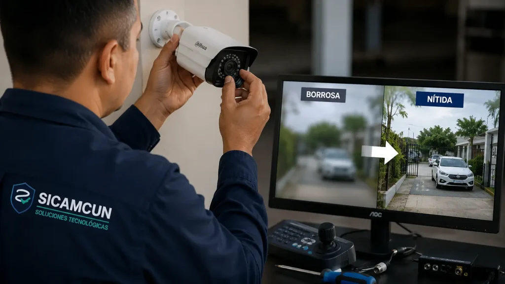 tecnico limpiando lente de cámara de seguridad borrosa