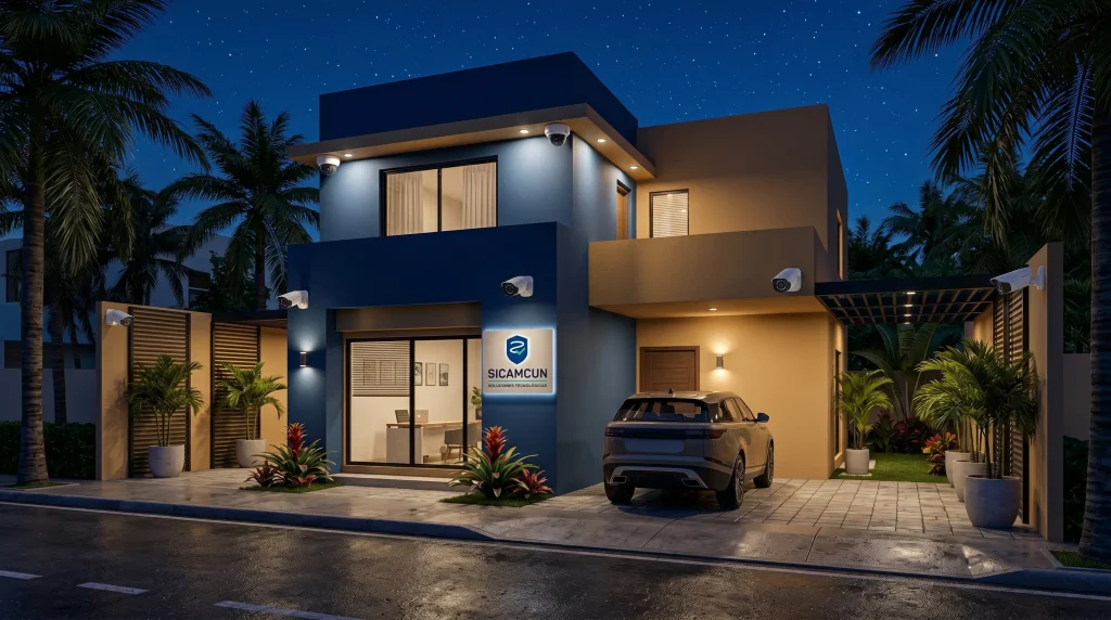 ¿Cómo funciona la visión nocturna en cámaras de seguridad? IR, Full Color, ColorVu y WizColor explicados 1 Cámara de seguridad con visión nocturna protegiendo una casa y negocio en Cancún.