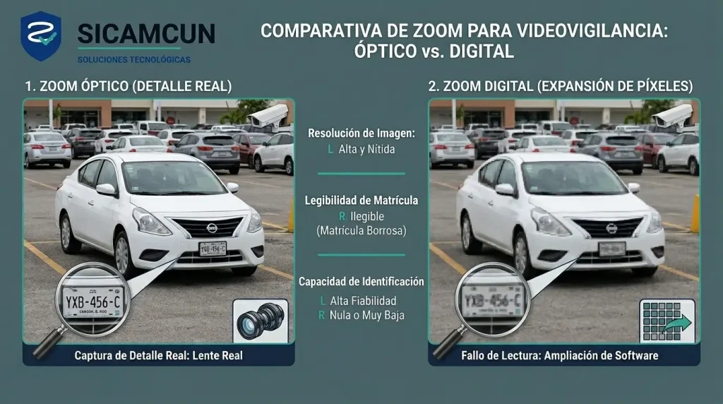 ¿Cámaras Gran Angular o con Zoom? Conoce la diferencia y cuál elegir 2 Diferencia entre zoom óptico y zoom digital en cámaras de seguridad con zoom.